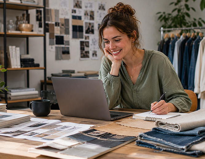 A person writes in a notebook beside a laptop, fabric swatches, and design boards in a studio.