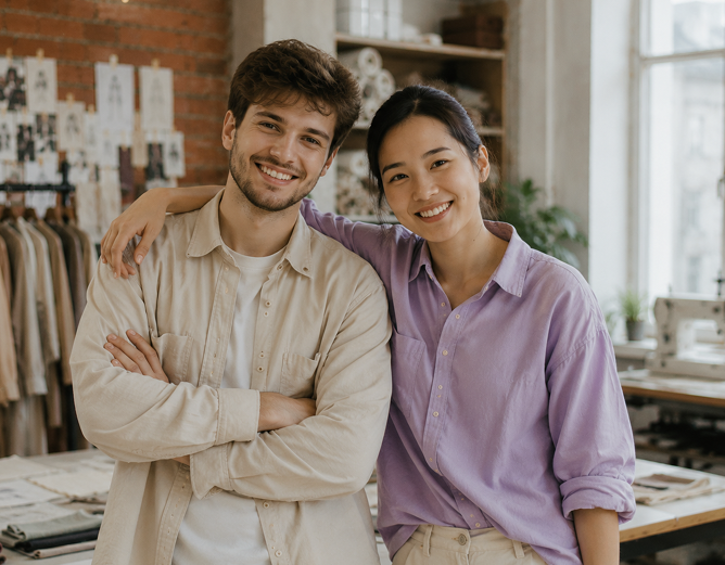 Two people stand together and smile at the camera in a clothing design studio.