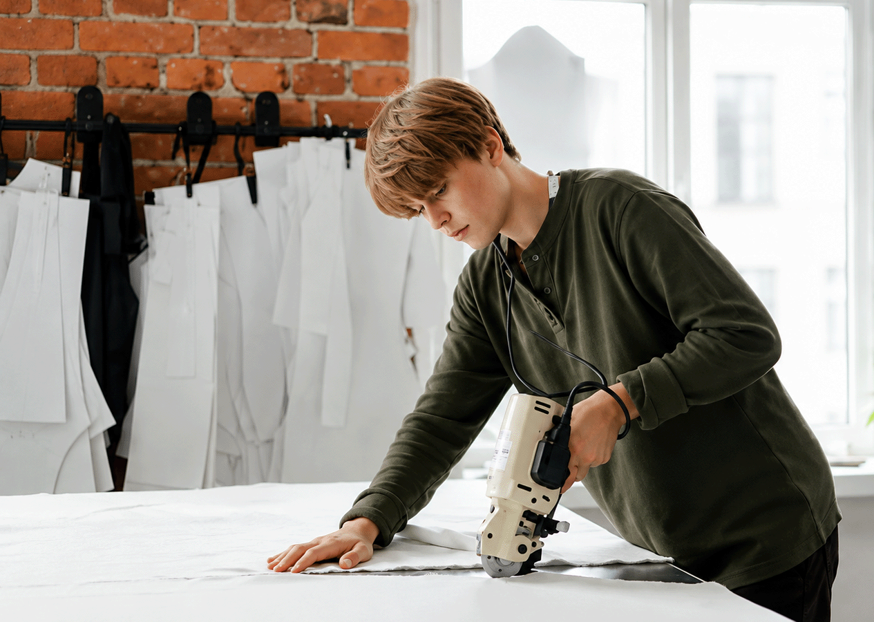 A person uses an electric rotary cutter to cut white fabric on a large table in a bright studio.
