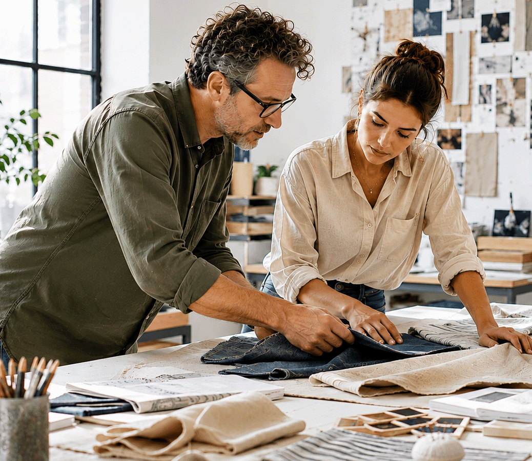 Two people examine fabric and patterns spread across a worktable in a bright design studio.
