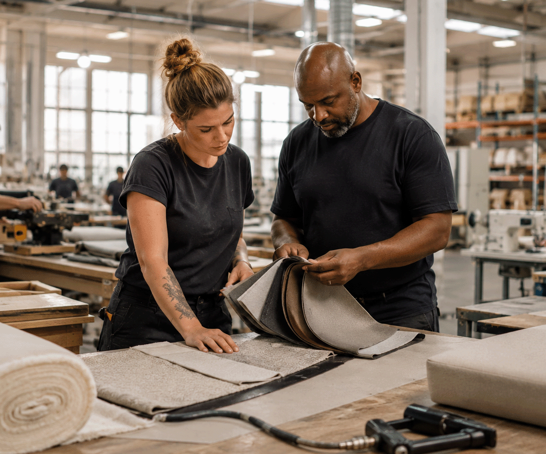 Two factory workers examine upholstery fabric samples on a worktable in a furniture workshop.