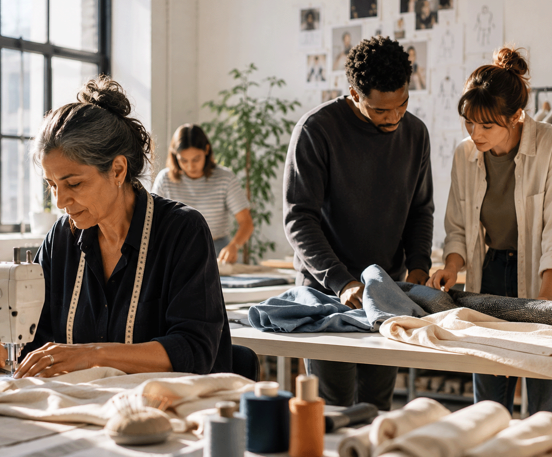 Four people work with fabric in a sunlit design studio as one sews and two inspect material on a table.
